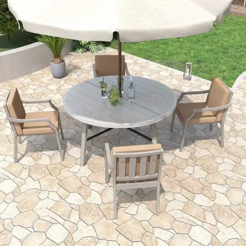 Outdoor Dinning Set 4-Person Outdoor Wooden Dinning Set with an Umbrella Hole and Removable Cushions