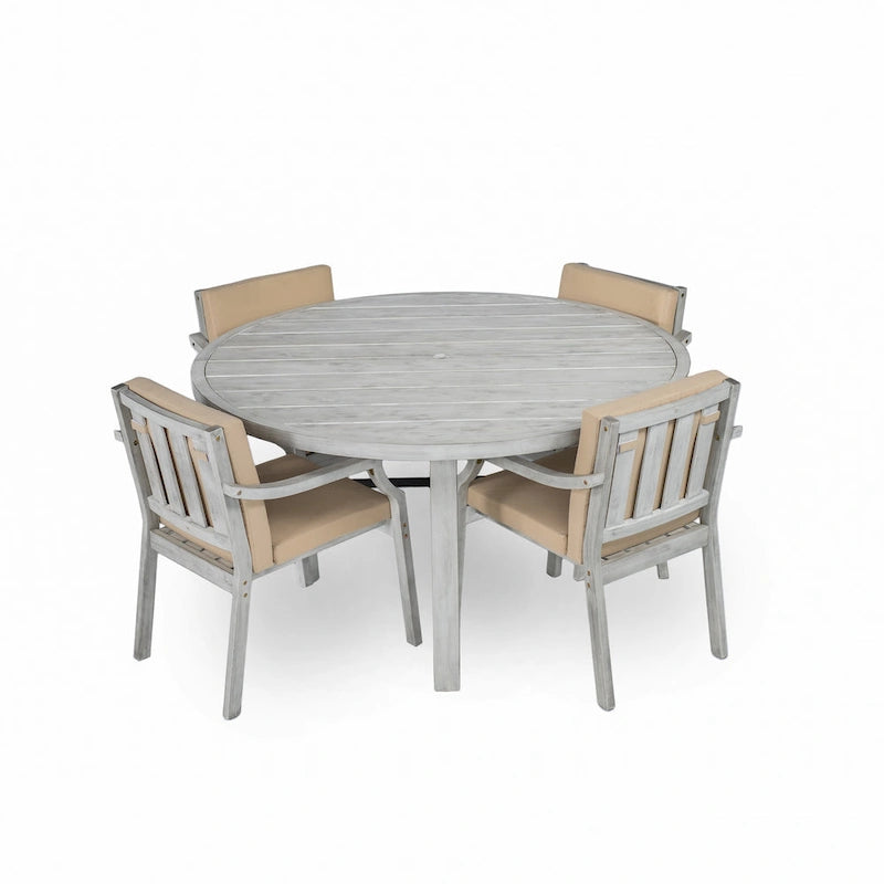 Outdoor Dinning Set 4-Person Outdoor Wooden Dinning Set with an Umbrella Hole and Removable Cushions