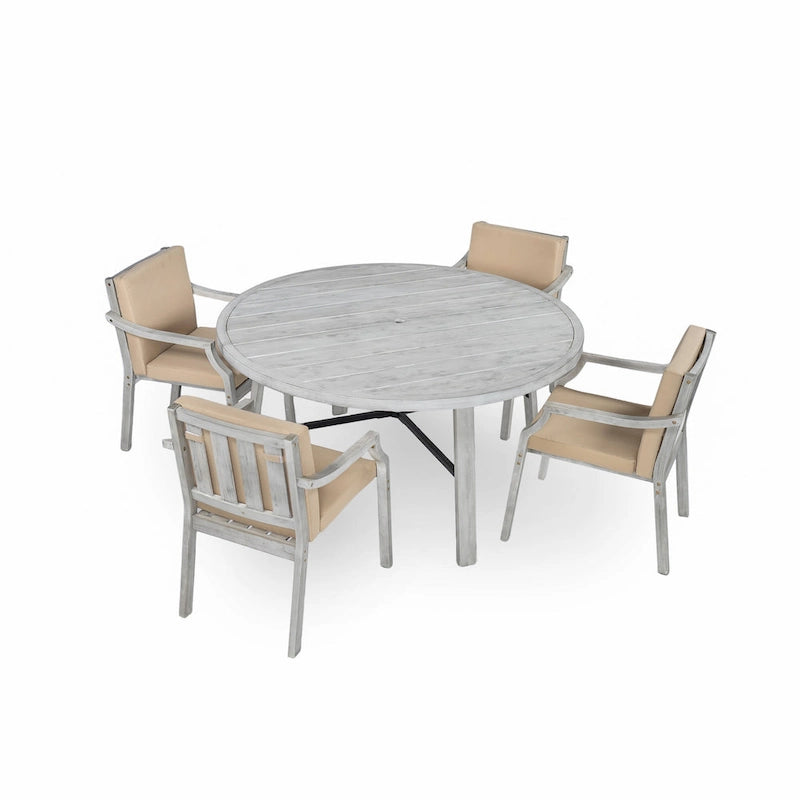 Outdoor Dinning Set 4-Person Outdoor Wooden Dinning Set with an Umbrella Hole and Removable Cushions