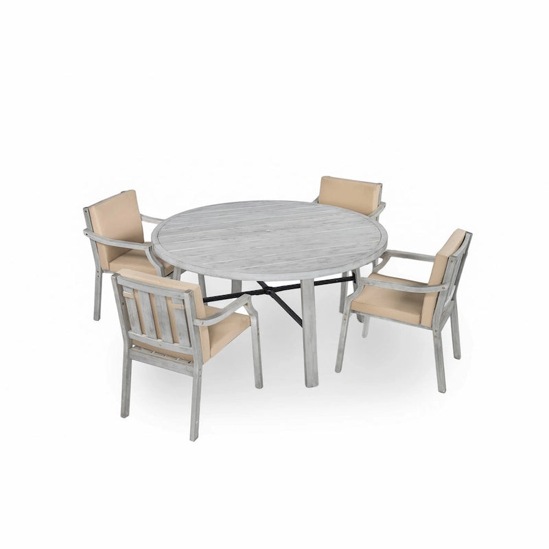 Outdoor Dinning Set 4-Person Outdoor Wooden Dinning Set with an Umbrella Hole and Removable Cushions