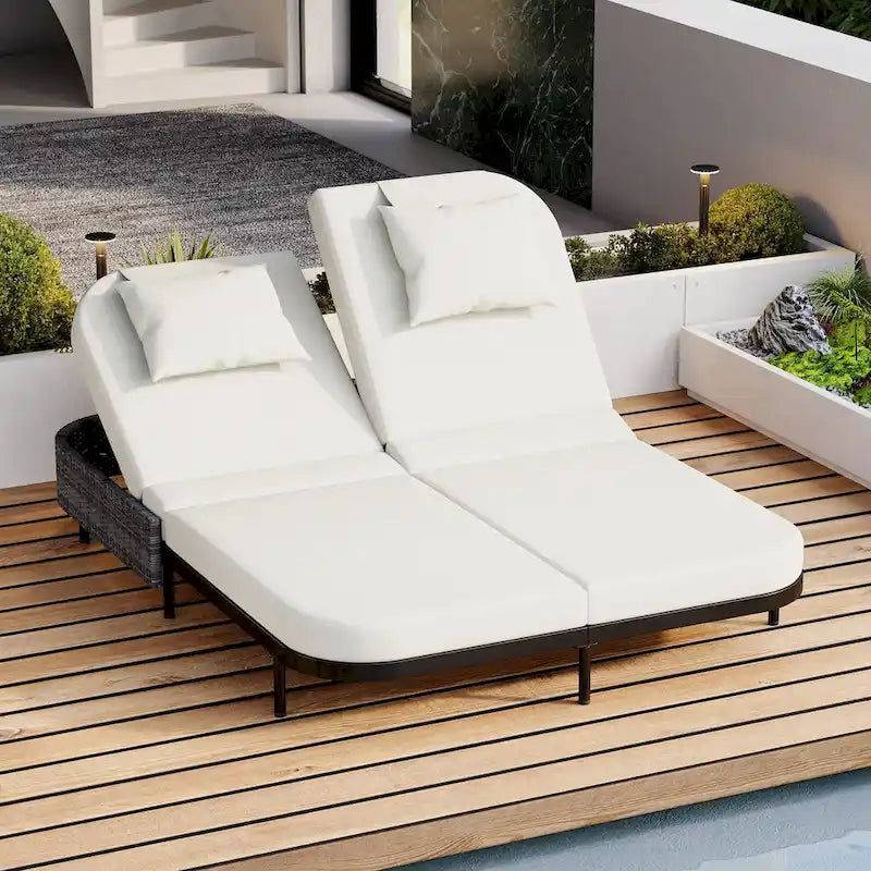 Outdoor Double Chaise Lounge Chair with 5-Position Adjustable Backrest, Patio PE Rattan Reclining Chair 2-Person Sunbed Daybed