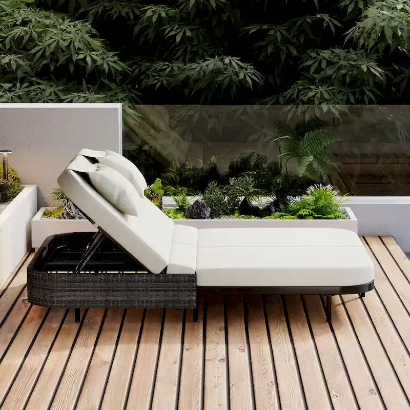 Outdoor Double Chaise Lounge Chair with 5-Position Adjustable Backrest, Patio PE Rattan Reclining Chair 2-Person Sunbed Daybed
