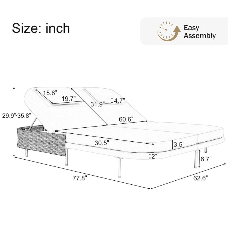 Outdoor Double Chaise Lounge Chair with 5-Position Adjustable Backrest, Patio PE Rattan Reclining Chair 2-Person Sunbed Daybed