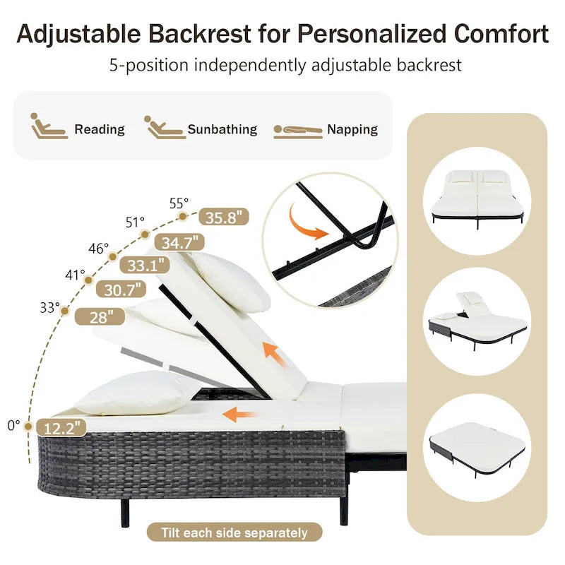 Outdoor Double Chaise Lounge Chair with 5-Position Adjustable Backrest, Patio PE Rattan Reclining Chair 2-Person Sunbed Daybed