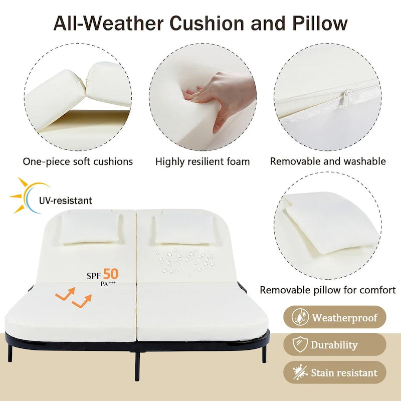 Outdoor Double Chaise Lounge Chair with 5-Position Adjustable Backrest, Patio PE Rattan Reclining Chair 2-Person Sunbed Daybed