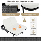 Outdoor Double Chaise Lounge Chair with 5-Position Adjustable Backrest, Patio PE Rattan Reclining Chair 2-Person Sunbed Daybed