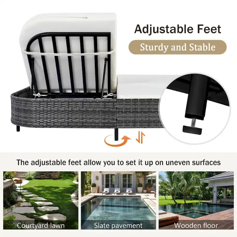 Outdoor Double Chaise Lounge Chair with 5-Position Adjustable Backrest, Patio PE Rattan Reclining Chair 2-Person Sunbed Daybed