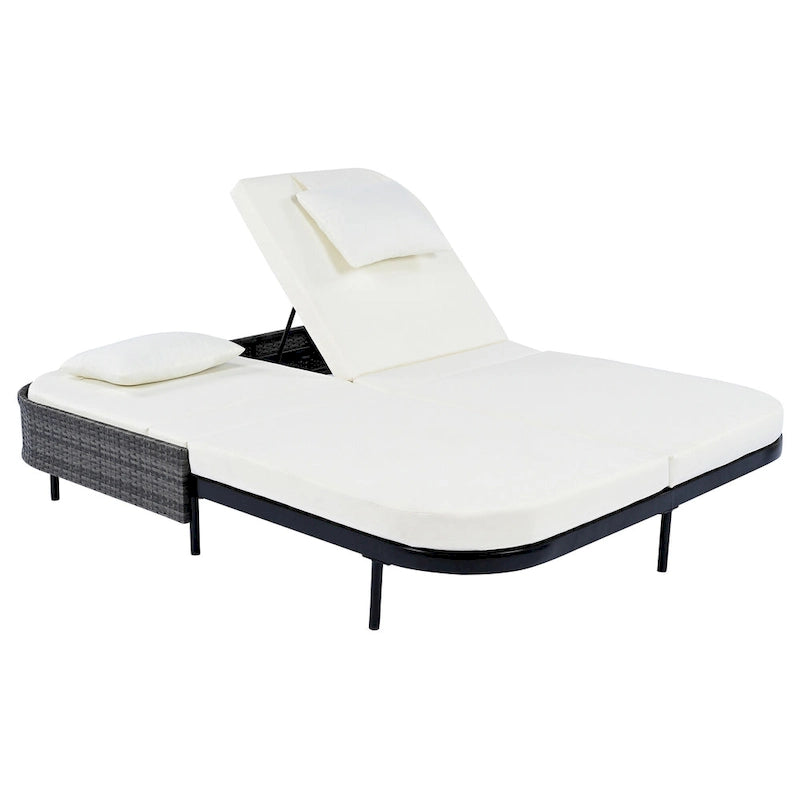 Outdoor Double Chaise Lounge Chair with 5-Position Adjustable Backrest, Patio PE Rattan Reclining Chair 2-Person Sunbed Daybed