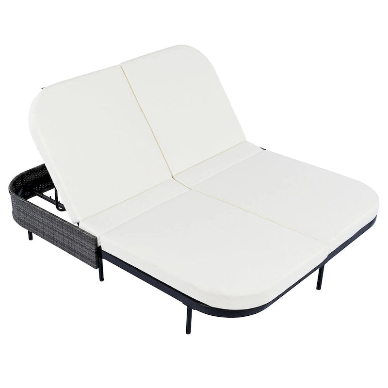 Outdoor Double Chaise Lounge Chair with 5-Position Adjustable Backrest, Patio PE Rattan Reclining Chair 2-Person Sunbed Daybed