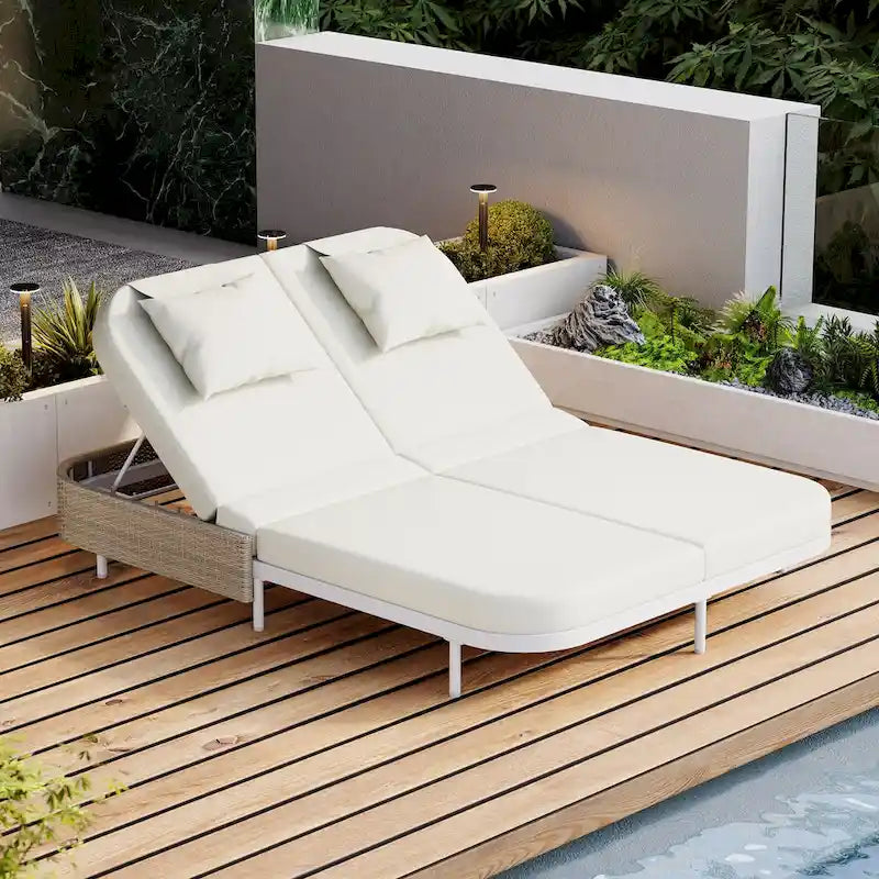 Outdoor Double Chaise Lounge Chair with 5-Position Adjustable Backrest, Patio PE Rattan Reclining Chair 2-Person Sunbed Daybed