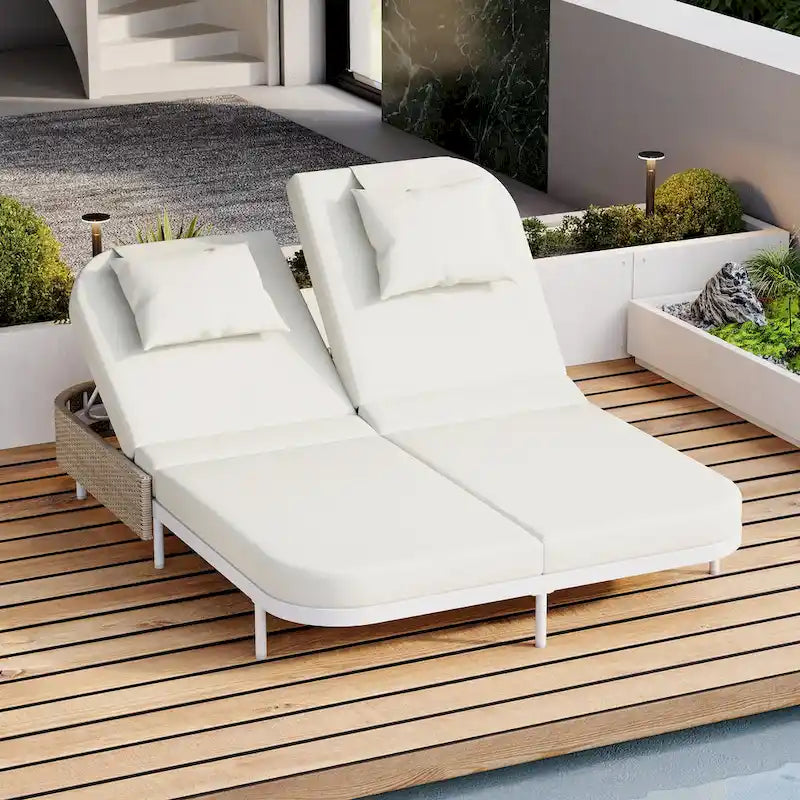 Outdoor Double Chaise Lounge Chair with 5-Position Adjustable Backrest, Patio PE Rattan Reclining Chair 2-Person Sunbed Daybed