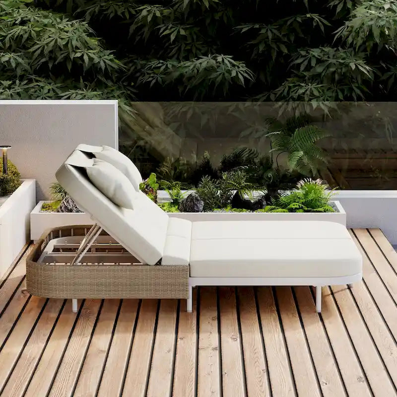 Outdoor Double Chaise Lounge Chair with 5-Position Adjustable Backrest, Patio PE Rattan Reclining Chair 2-Person Sunbed Daybed