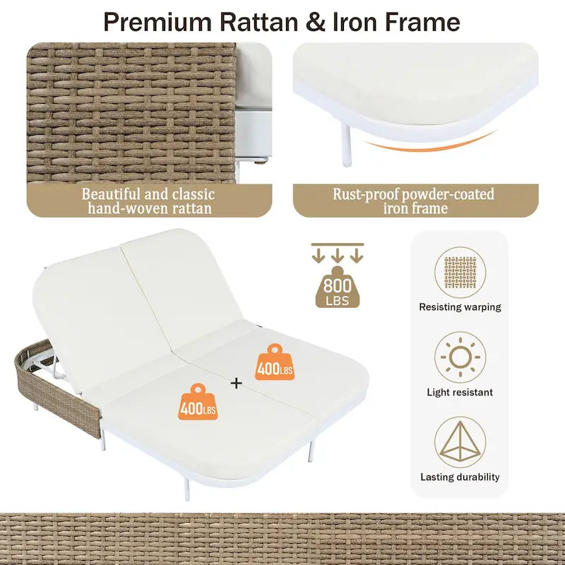 Outdoor Double Chaise Lounge Chair with 5-Position Adjustable Backrest, Patio PE Rattan Reclining Chair 2-Person Sunbed Daybed
