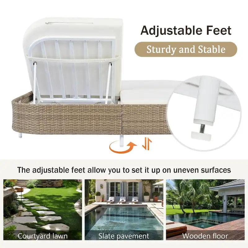 Outdoor Double Chaise Lounge Chair with 5-Position Adjustable Backrest, Patio PE Rattan Reclining Chair 2-Person Sunbed Daybed