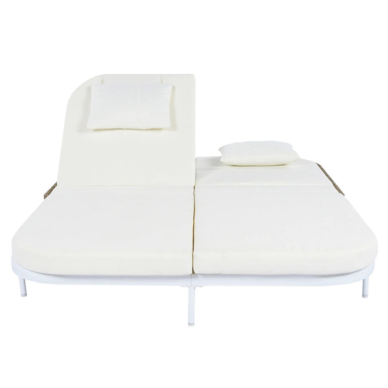 Outdoor Double Chaise Lounge Chair with 5-Position Adjustable Backrest, Patio PE Rattan Reclining Chair 2-Person Sunbed Daybed