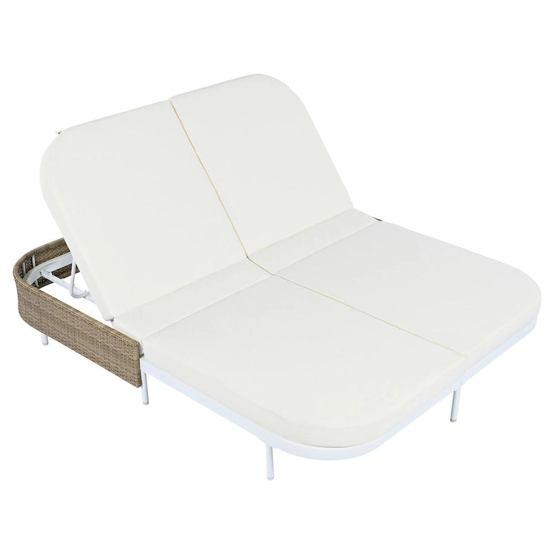 Outdoor Double Chaise Lounge Chair with 5-Position Adjustable Backrest, Patio PE Rattan Reclining Chair 2-Person Sunbed Daybed