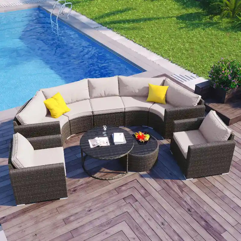 9-Pieces Outdoor Half-moon Patio Sofa Set