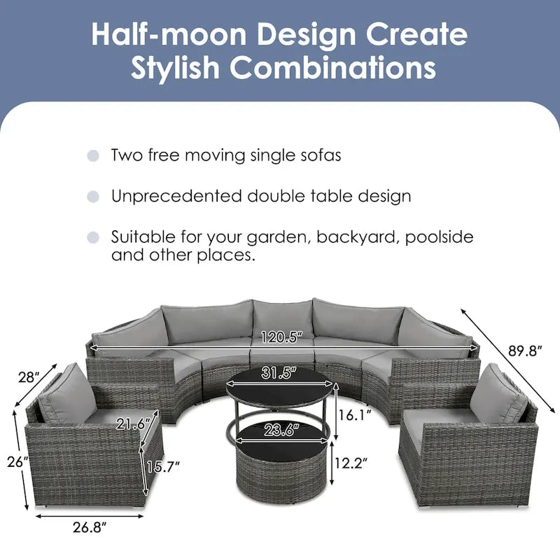 9-Pieces Outdoor Half-moon Patio Sofa Set