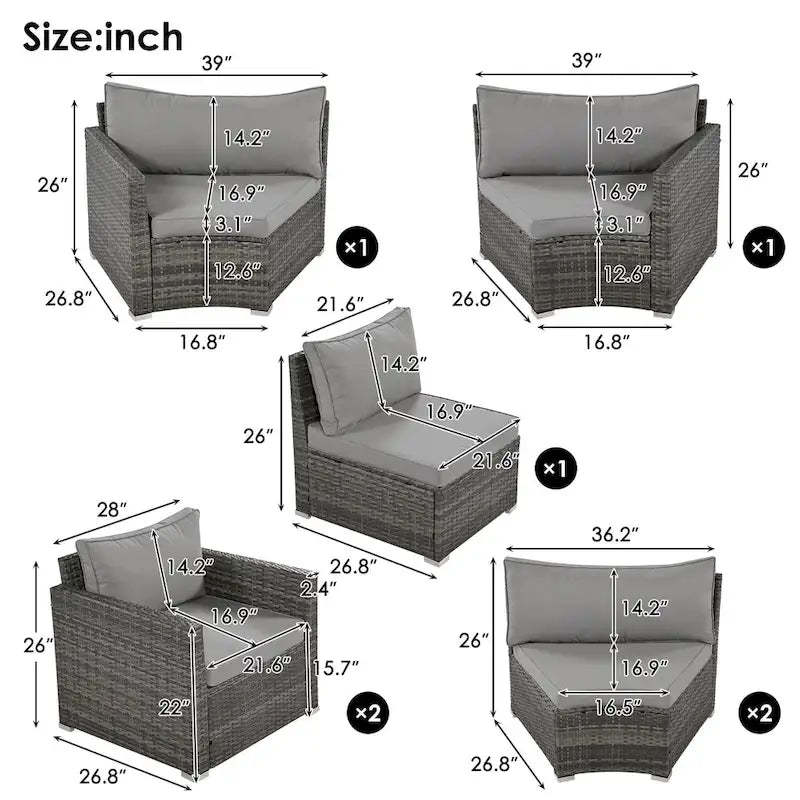 9-Pieces Outdoor Half-moon Patio Sofa Set