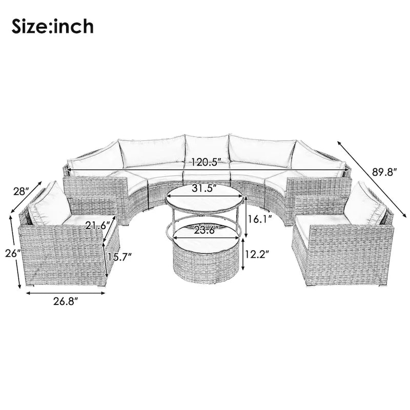 9-Pieces Outdoor Half-moon Patio Sofa Set