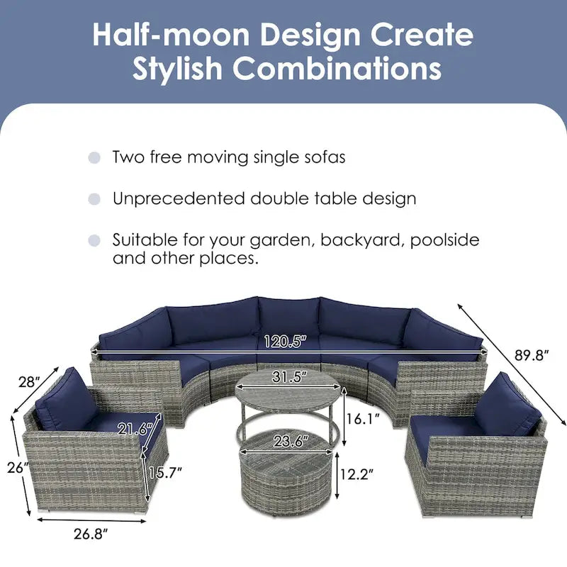 9-Pieces Outdoor Half-moon Patio Sofa Set