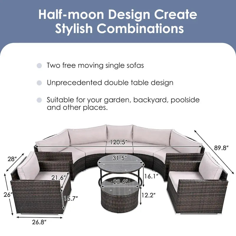 9-Pieces Outdoor Half-moon Patio Sofa Set