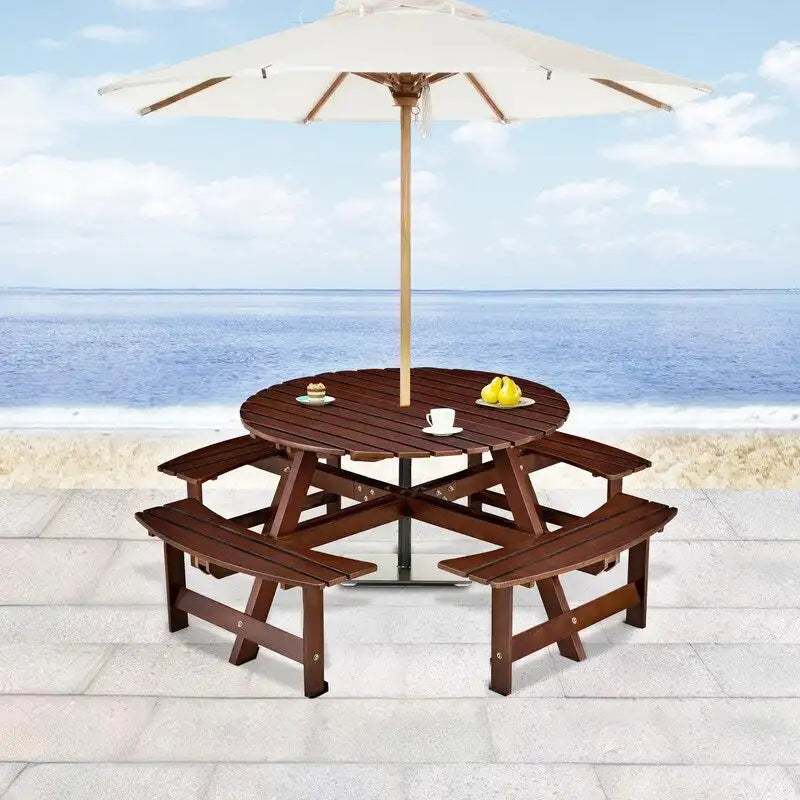8-Seater Round Outdoor Dining Set With 4 Integrated Benches & Umbrella Hole  Ideal For Garden, Backyard, Porch & Patio .