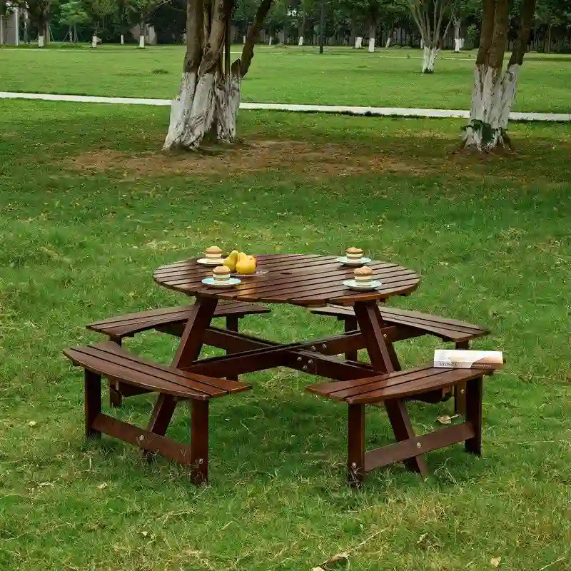 8-Seater Round Outdoor Dining Set With 4 Integrated Benches & Umbrella Hole  Ideal For Garden, Backyard, Porch & Patio .