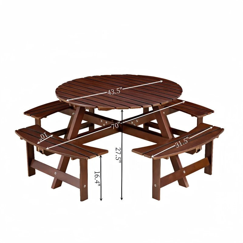 8-Seater Round Outdoor Dining Set With 4 Integrated Benches & Umbrella Hole  Ideal For Garden, Backyard, Porch & Patio .