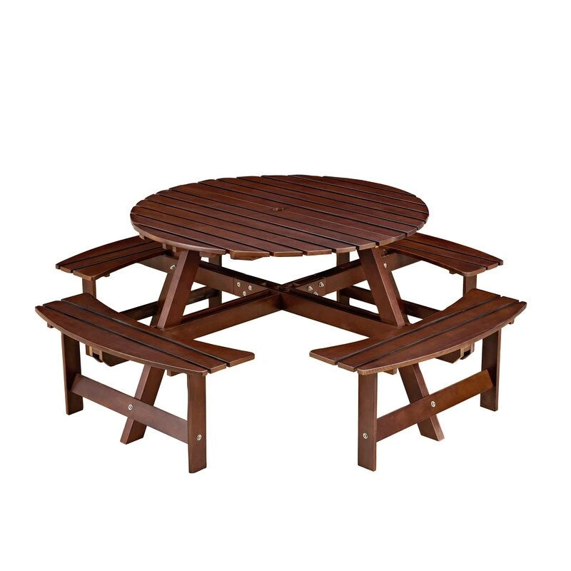 8-Seater Round Outdoor Dining Set With 4 Integrated Benches & Umbrella Hole  Ideal For Garden, Backyard, Porch & Patio .