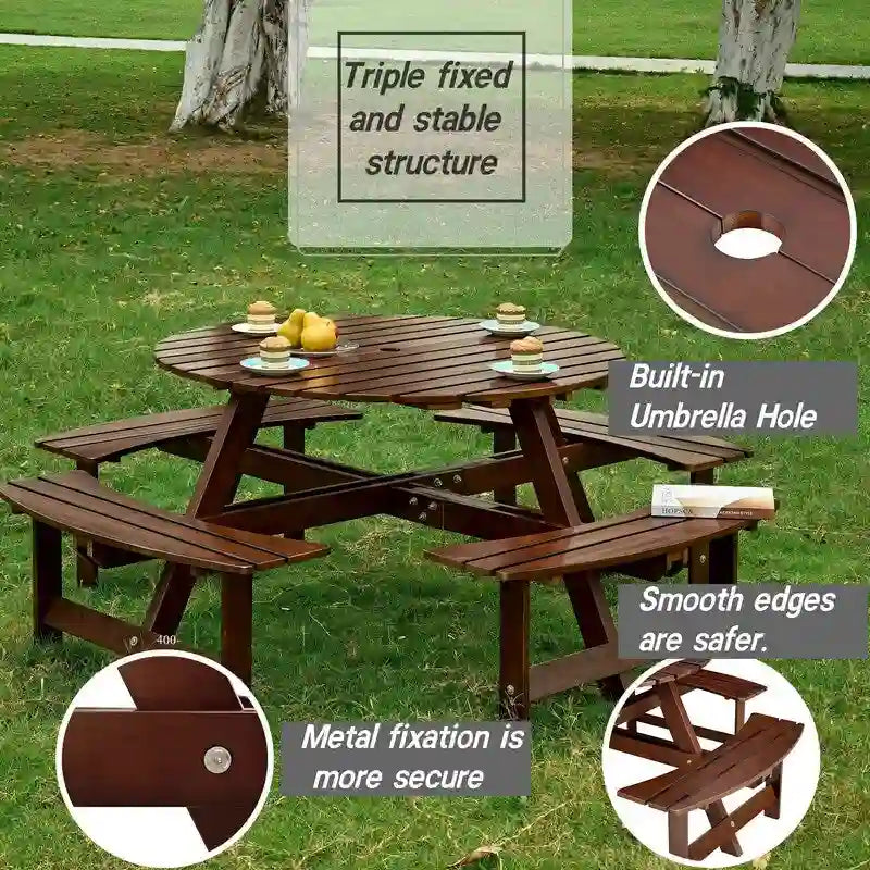 8-Seater Round Outdoor Dining Set With 4 Integrated Benches & Umbrella Hole  Ideal For Garden, Backyard, Porch & Patio .