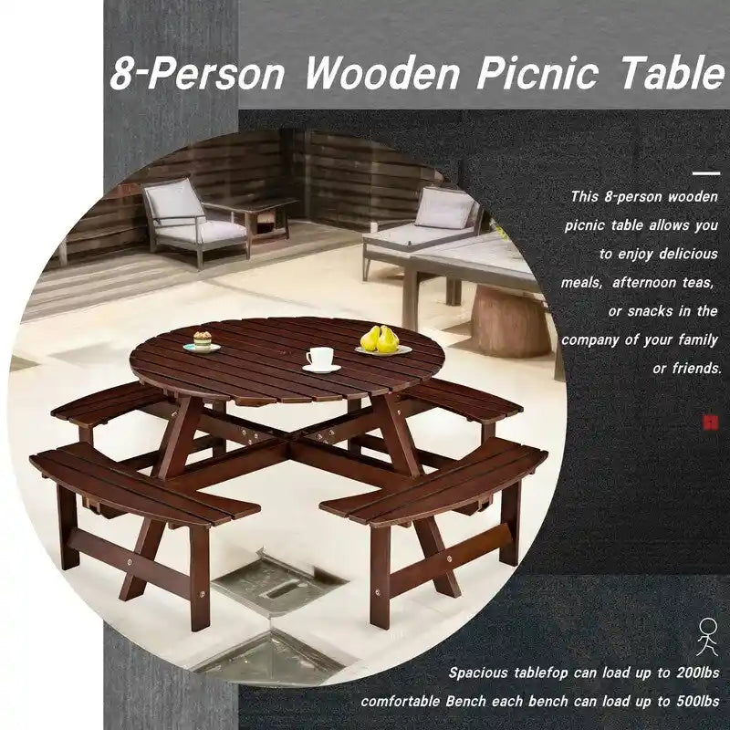 8-Seater Round Outdoor Dining Set With 4 Integrated Benches & Umbrella Hole  Ideal For Garden, Backyard, Porch & Patio .