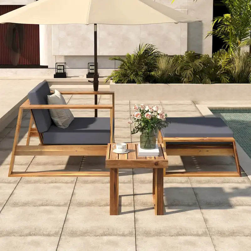 Acacia Wood Outdoor Lounge Set - Chair & Ottoman