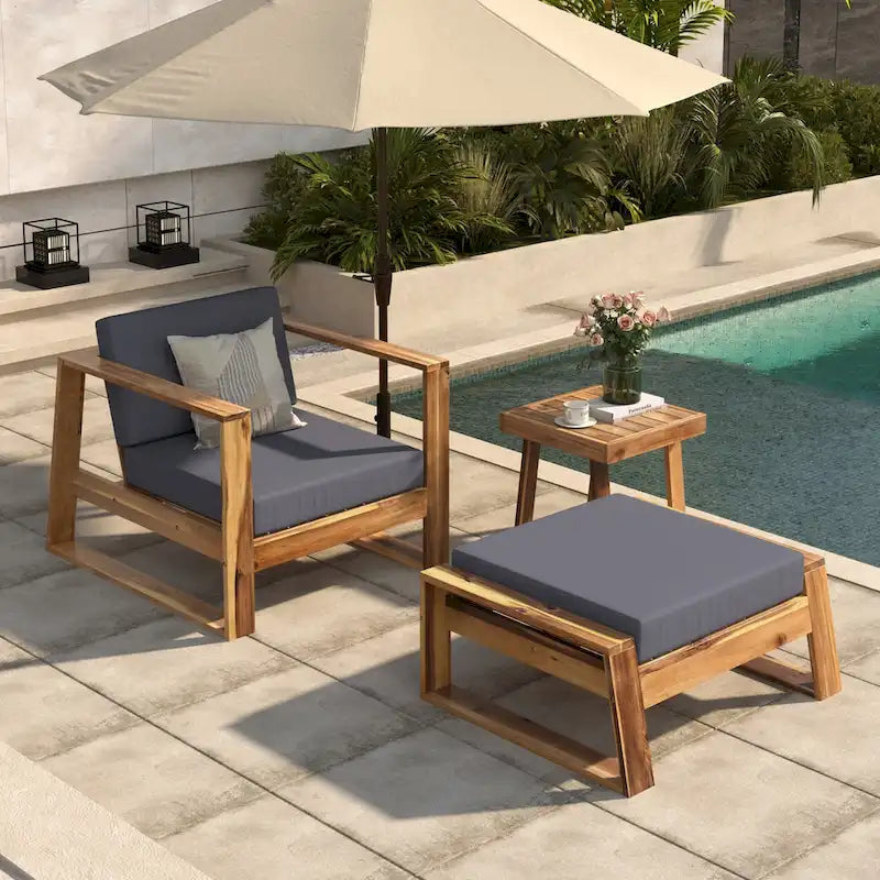 Acacia Wood Outdoor Lounge Set - Chair & Ottoman