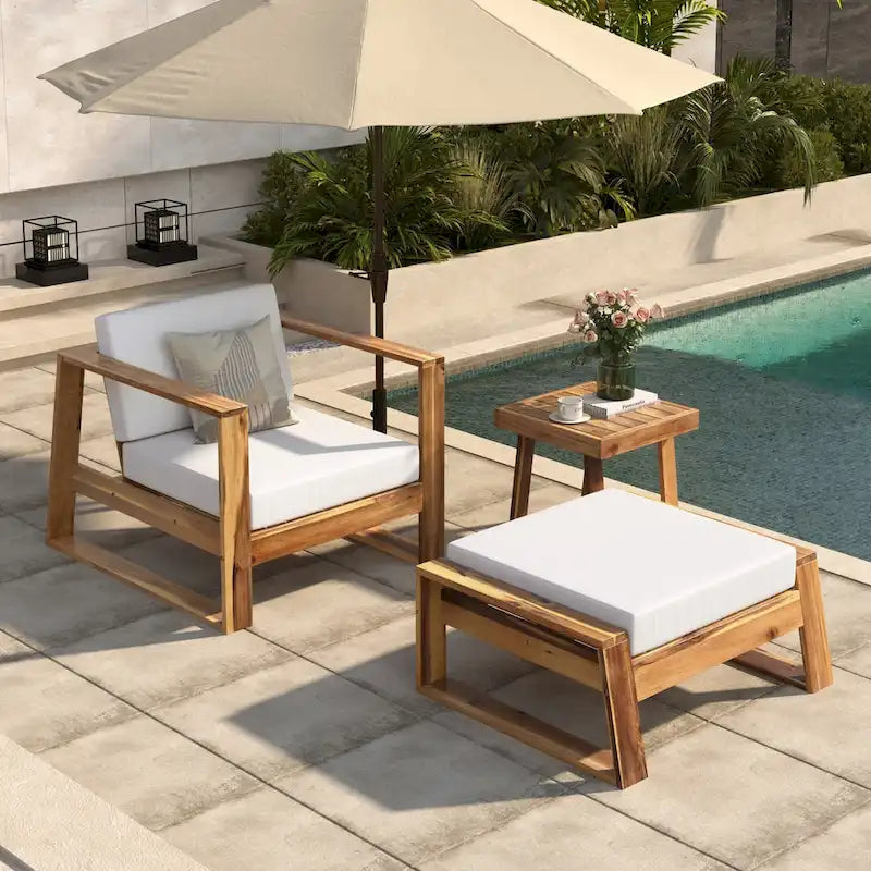 Acacia Wood Outdoor Lounge Set - Chair & Ottoman