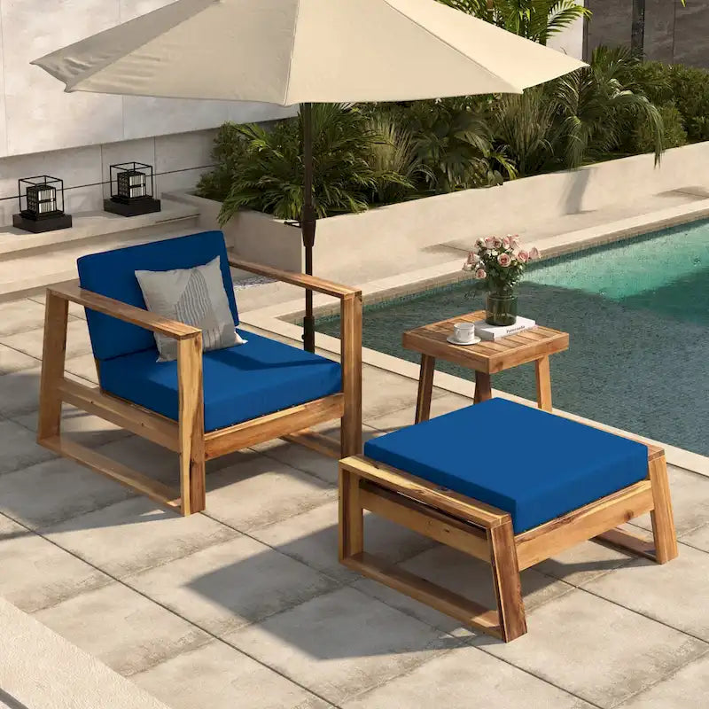 Acacia Wood Outdoor Lounge Set - Chair & Ottoman