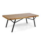 Patio Coffee Table, Slatted Top, Brown Iron, 50 Inch Teak Brown Acacia