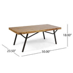Patio Coffee Table, Slatted Top, Brown Iron, 50 Inch Teak Brown Acacia