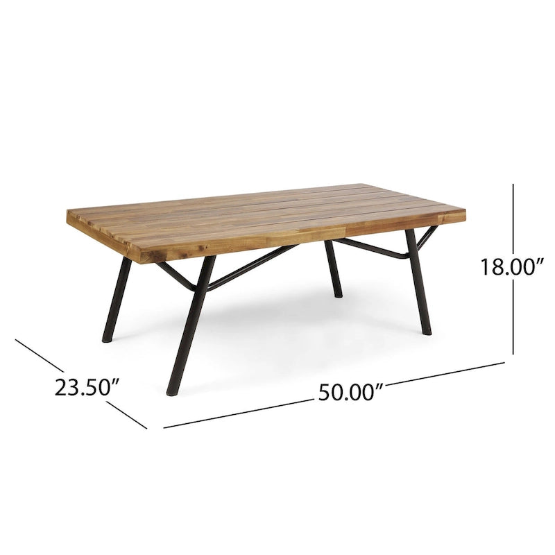 Patio Coffee Table, Slatted Top, Brown Iron, 50 Inch Teak Brown Acacia