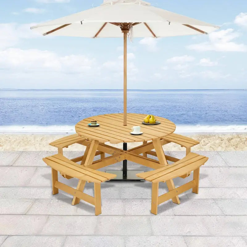 8-Person Round Outdoor Picnic Table with 4 Double Benches