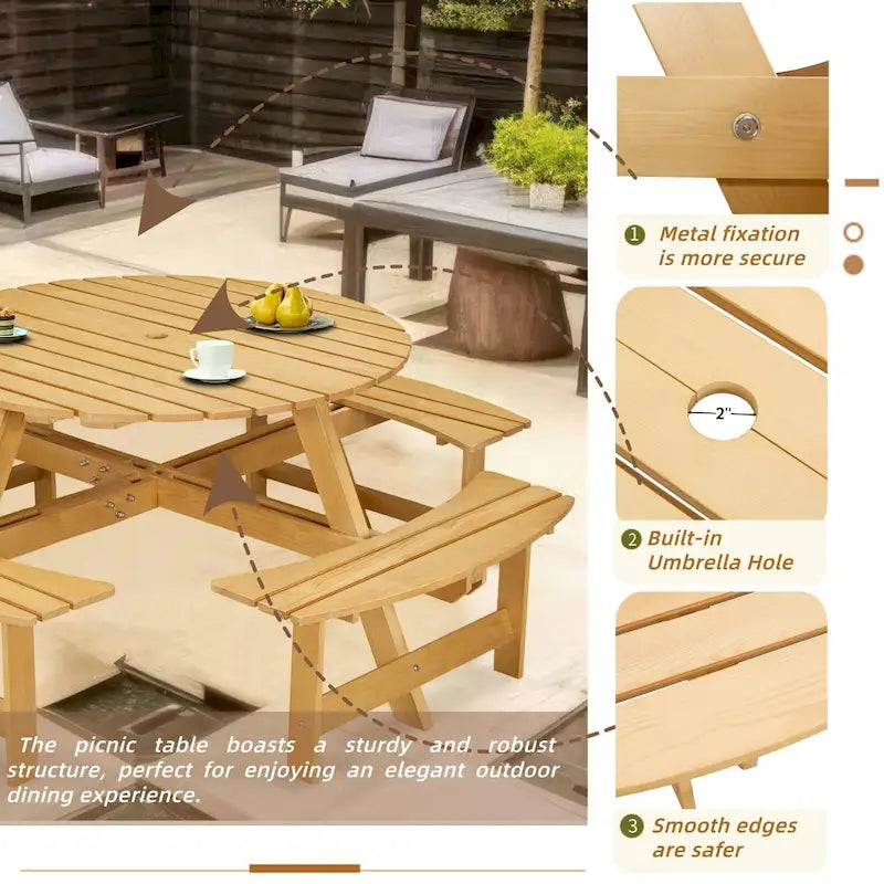 8-Person Round Outdoor Picnic Table with 4 Double Benches