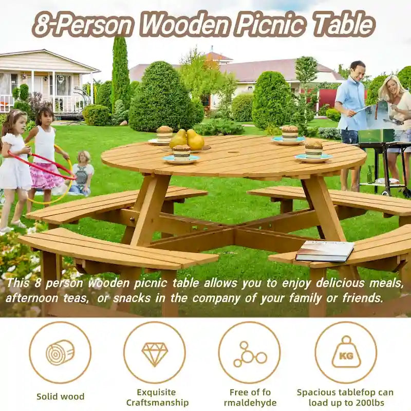 8-Person Round Outdoor Picnic Table with 4 Double Benches