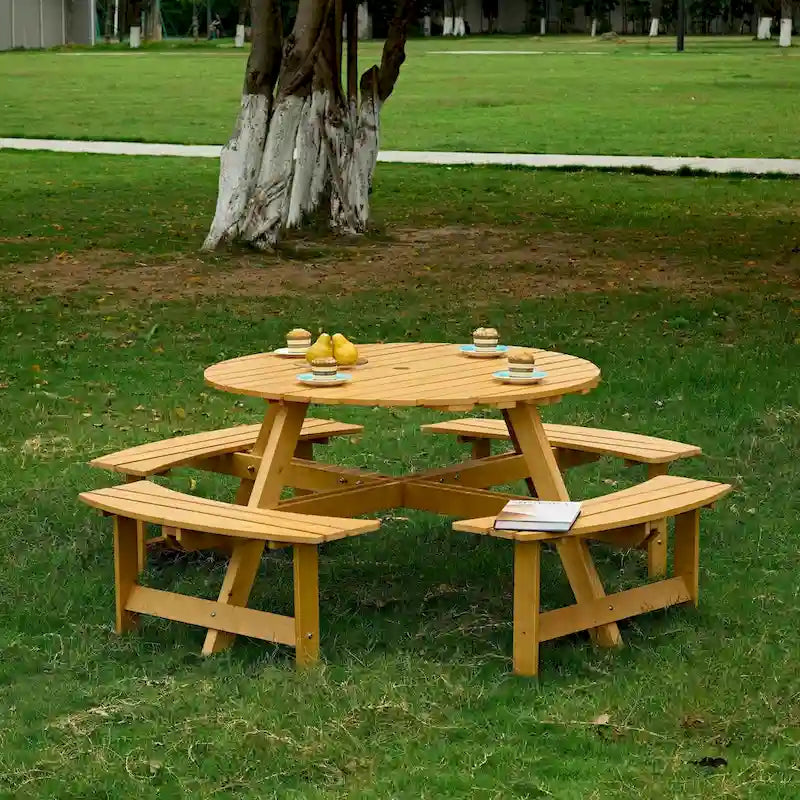 8-Person Round Outdoor Picnic Table with 4 Double Benches