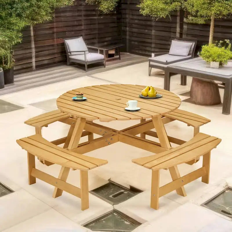 8-Person Round Outdoor Picnic Table with 4 Double Benches