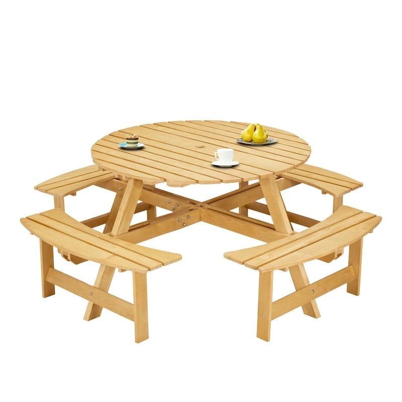 8-Person Round Outdoor Picnic Table with 4 Double Benches