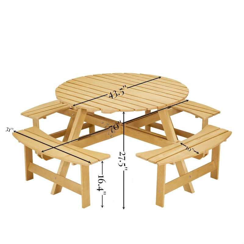 8-Person Round Outdoor Picnic Table with 4 Double Benches