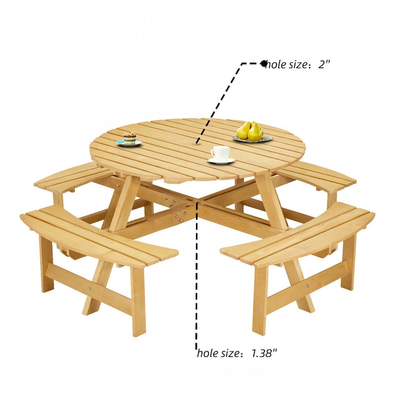 8-Person Round Outdoor Picnic Table with 4 Double Benches