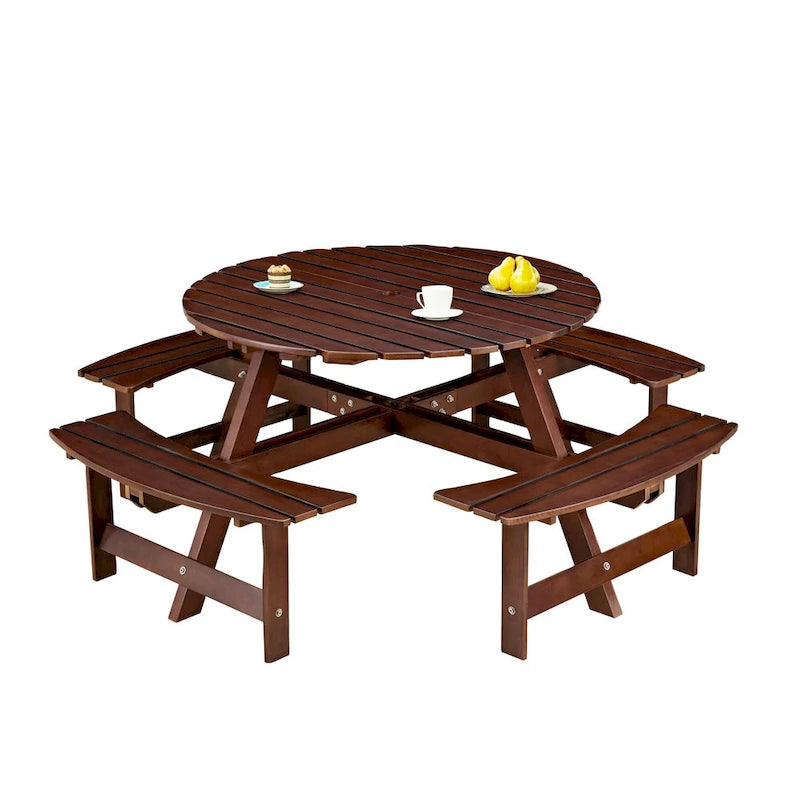 8-Person Round Outdoor Picnic Table with 4 Double Benches