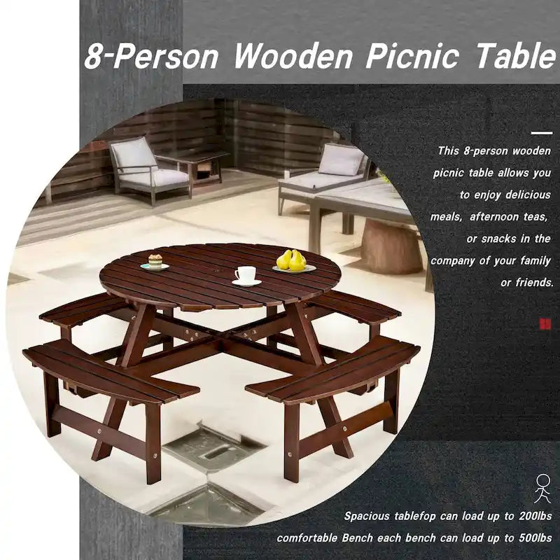 8-Person Round Outdoor Picnic Table with 4 Double Benches