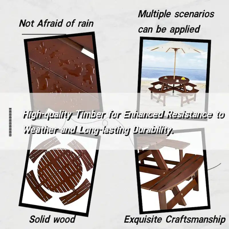 8-Person Round Outdoor Picnic Table with 4 Double Benches